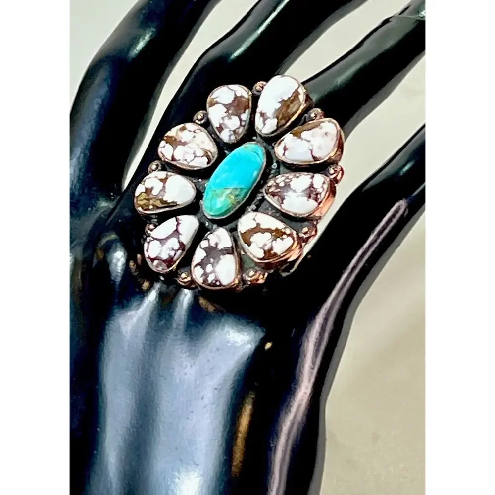 Southwestern Mojave Turquoise Wild Horse Copper Cluster Statement Ring Adjust Sz